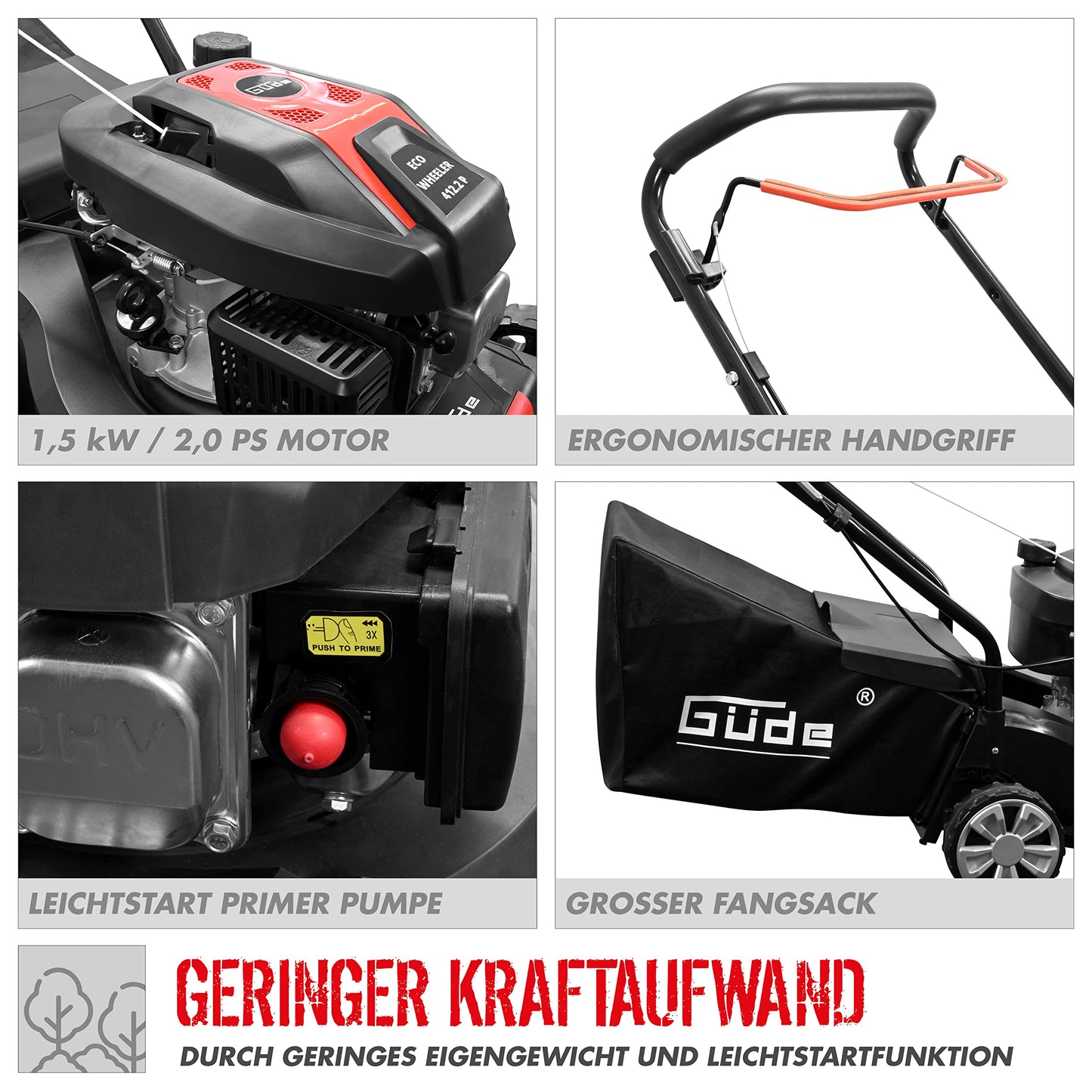 Güde Rasenmäher ECO Wheeler 412.2 P (Motor: 4-Takt Power-Engine S 241 V, Motorleistung: 1,5/2 (kW/PS), Hubraum: 79,8 cm³, Schnittbreite: 40,6 cm,