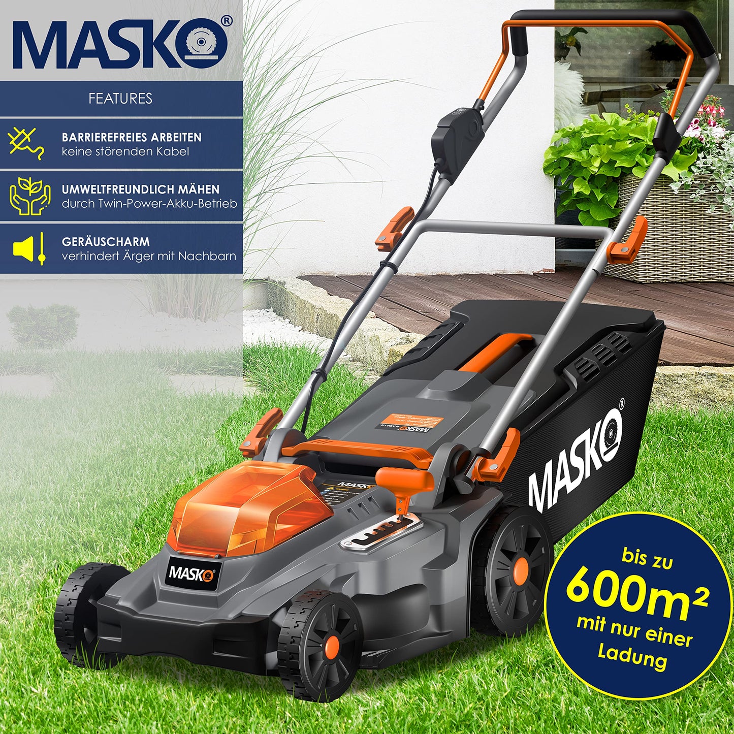 MASKO® Rasenmäher mit Mulchfunktion inkl. 2X Akkus Li-Ion Batterie 4Ah & Doppel-Ladegerät – Rasentrimmer Schnittbreite 43cm