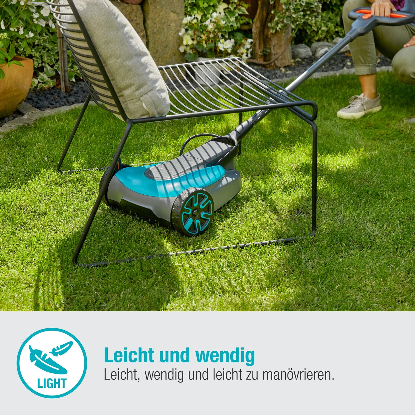 Gardena Akku-Rasenmäher HandyMower 22/18V P4A Ready-To-Use Set: Handrasenmäher, für Rasenflächen bis zu 50 m², Schnitthöhenverstellbar