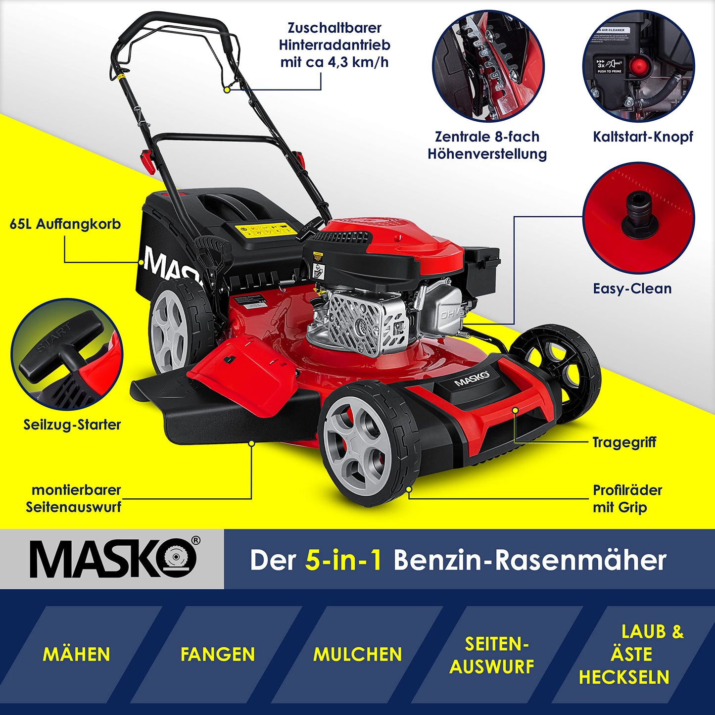 MASKO® Benzin Rasenmäher 5in1 Radantrieb EasyClean Reinigungsfunktion Mulchfunktion Seitenauswurf 51 cm