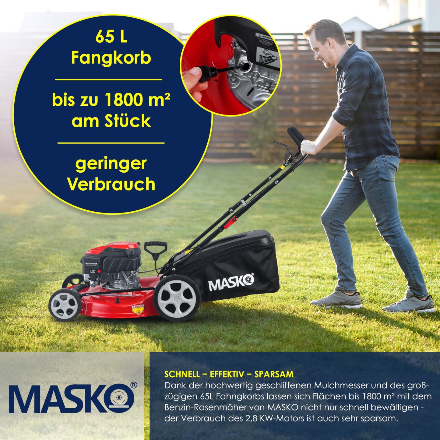 MASKO® Benzin Rasenmäher 5in1 Radantrieb EasyClean Reinigungsfunktion Mulchfunktion Seitenauswurf 51 cm