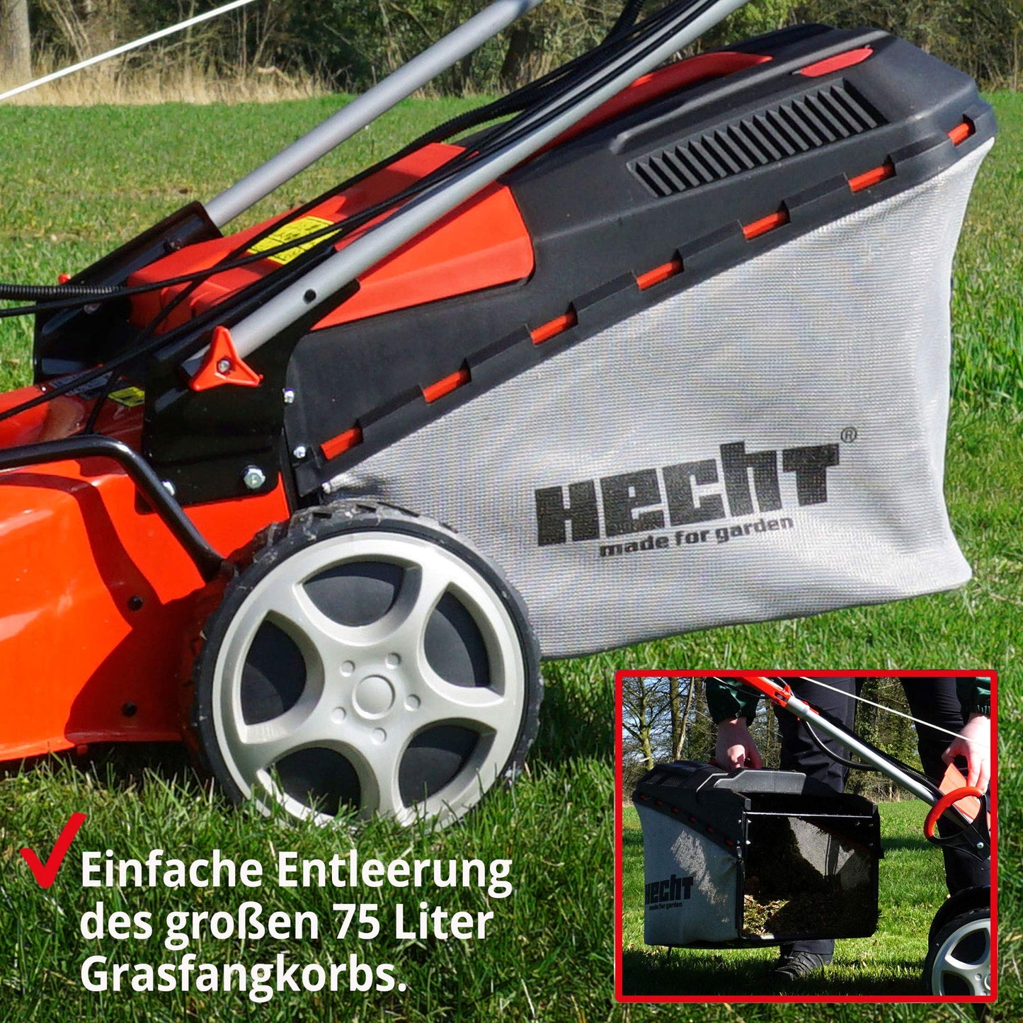 HECHT 5-IN-1 Benzin Rasenmäher – leistungsstarker 4 Takt Eco Motor 4,4 kW (6,0 PS) – Seilzug Starter – mit 53 cm Schnittbreite – 75 l Fangkorb – Radantrieb