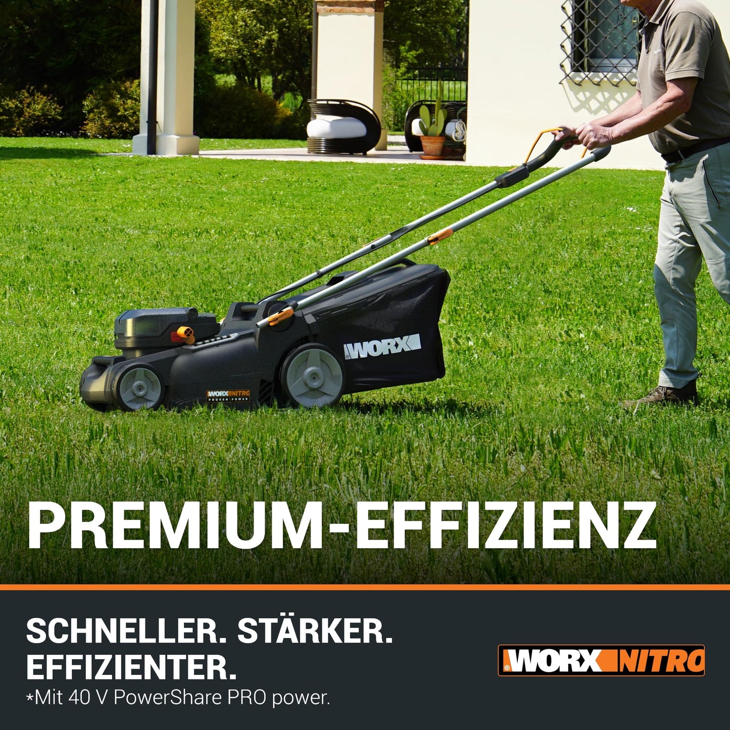 WORX WG737E Nitro Akku-Rasenmäher 40V(2x20V) - leistungsstarke bürstenloser Motor - 37cm Schnittbreite - 6 Schnitthöhenstufe (20-70mm)