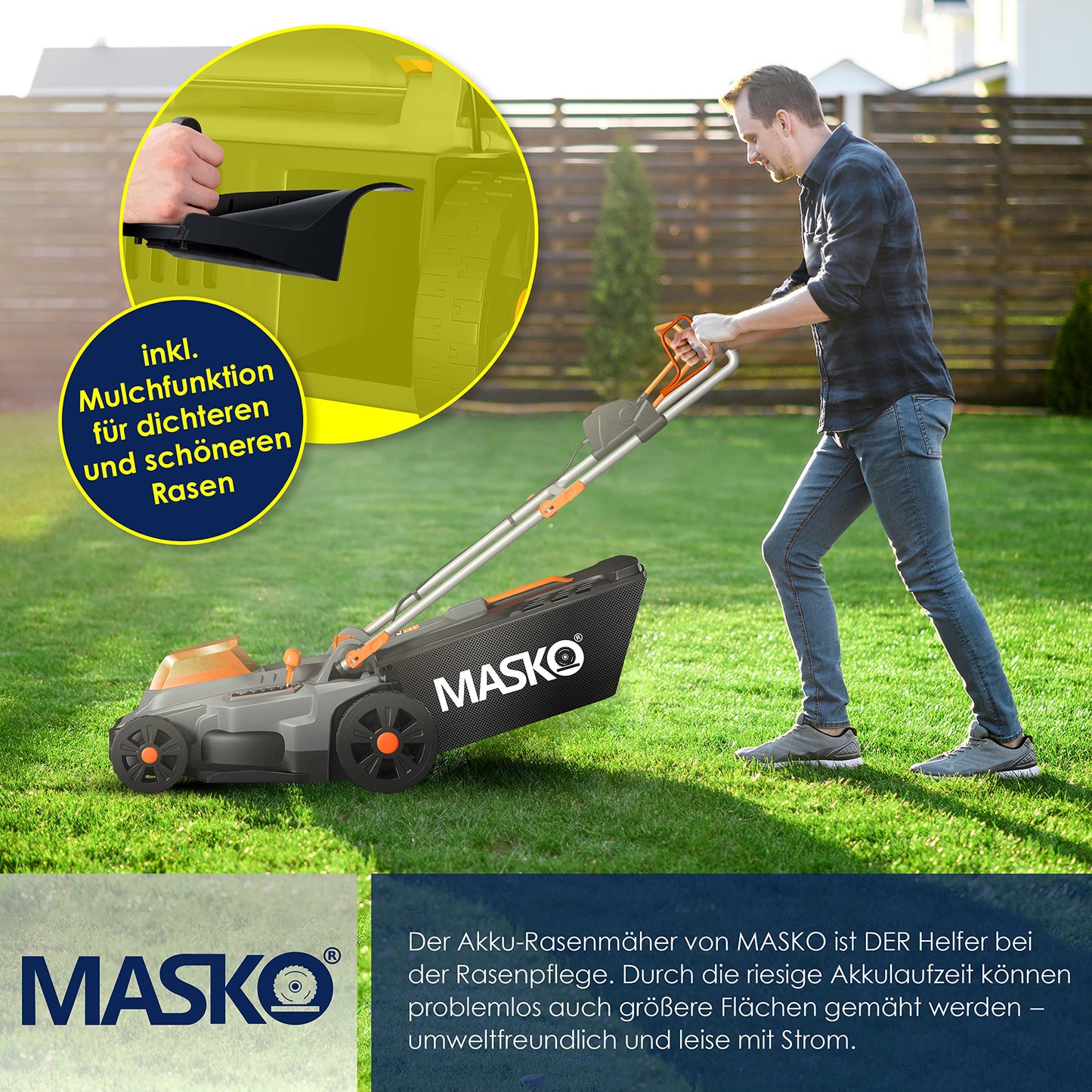 MASKO® Rasenmäher mit Mulchfunktion inkl. 2X Akkus Li-Ion Batterie 4Ah & Doppel-Ladegerät – Rasentrimmer Schnittbreite 43cm