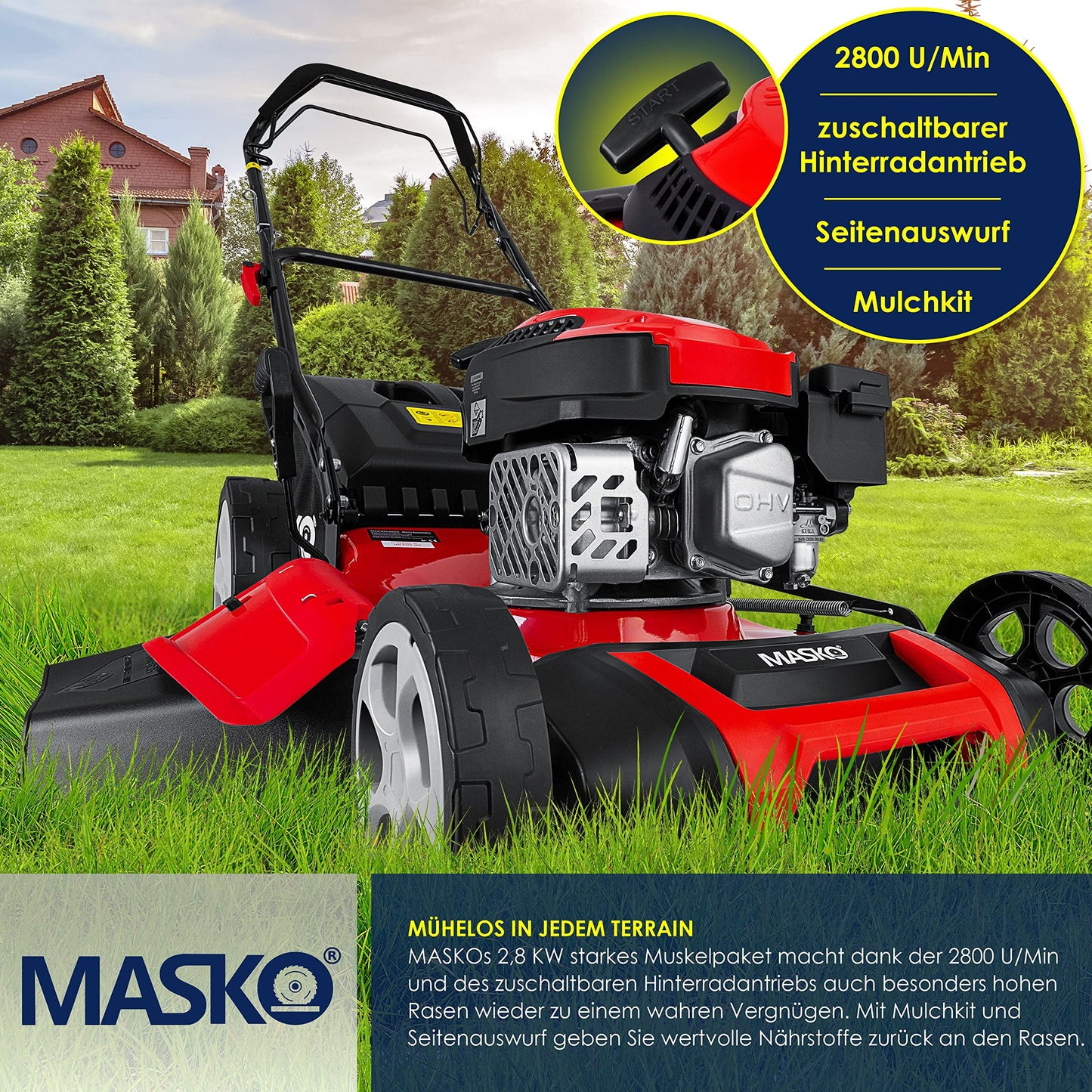 MASKO® Benzin Rasenmäher 5in1 Radantrieb EasyClean Reinigungsfunktion Mulchfunktion Seitenauswurf 51 cm