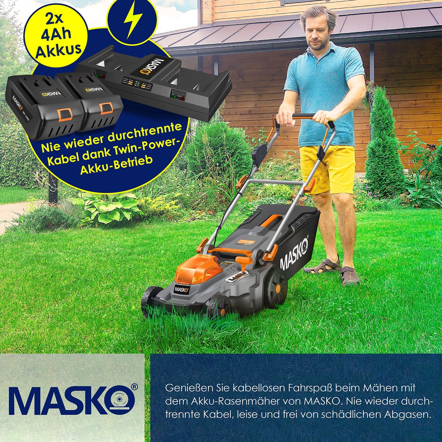 MASKO® Rasenmäher mit Mulchfunktion inkl. 2X Akkus Li-Ion Batterie 4Ah & Doppel-Ladegerät – Rasentrimmer Schnittbreite 43cm