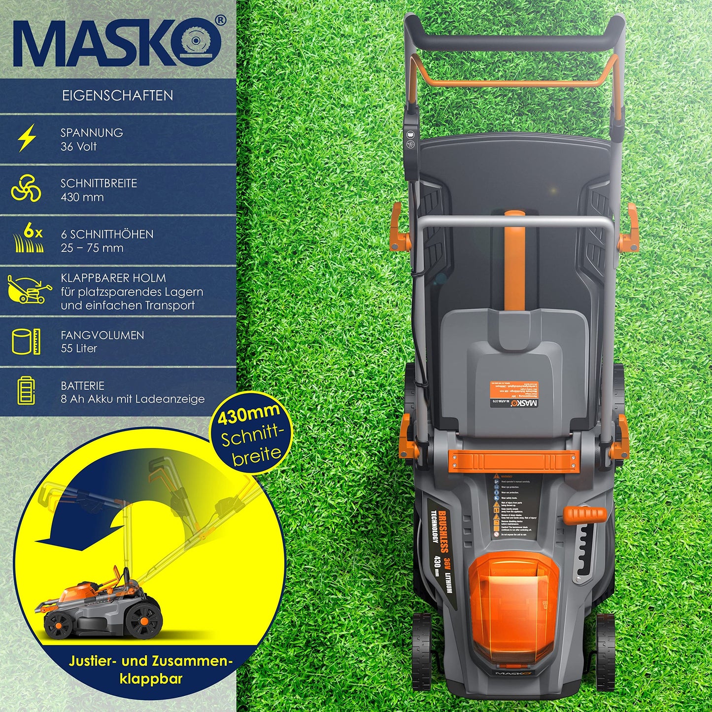 MASKO® Rasenmäher mit Mulchfunktion inkl. 2X Akkus Li-Ion Batterie 4Ah & Doppel-Ladegerät – Rasentrimmer Schnittbreite 43cm